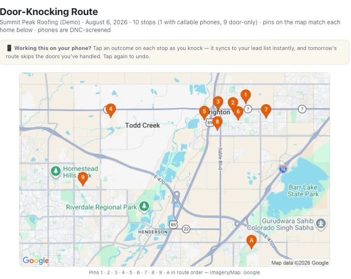 Door-knocking route sheet with numbered map pins and DNC-screened stops