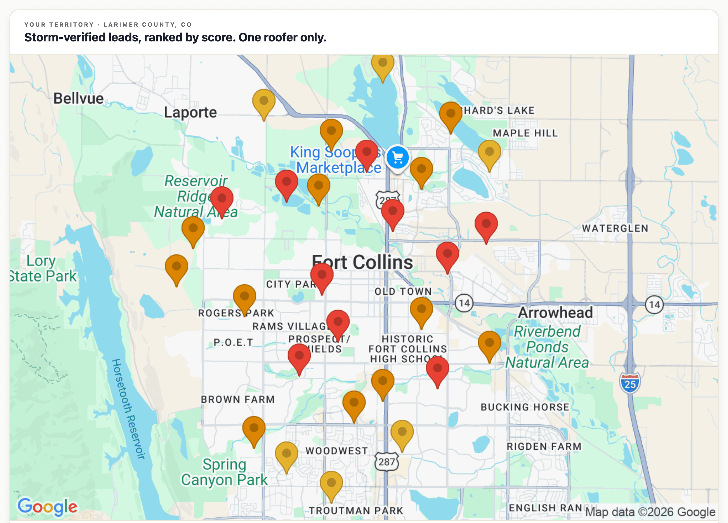 Colorado territory map with roofing leads shown as score-colored pins