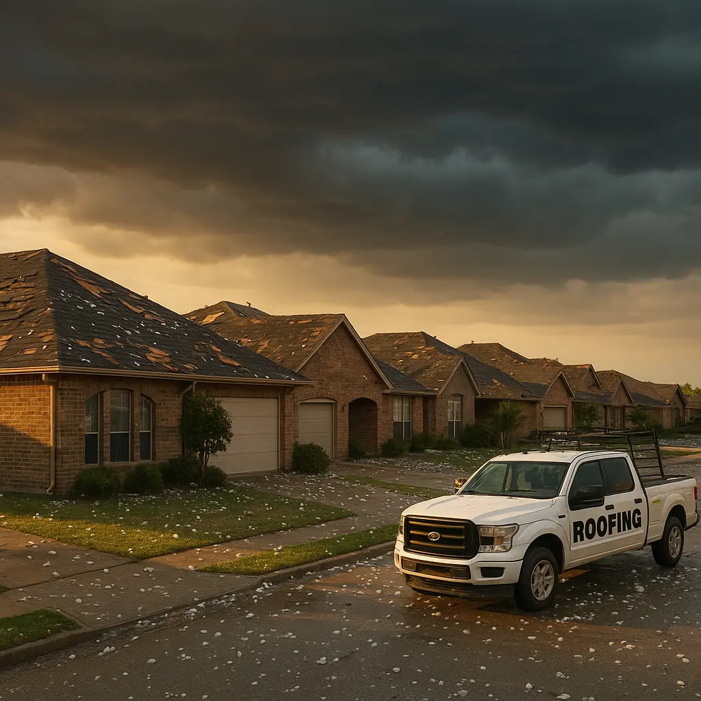 Colorado roofing truck in a storm-damaged neighborhood