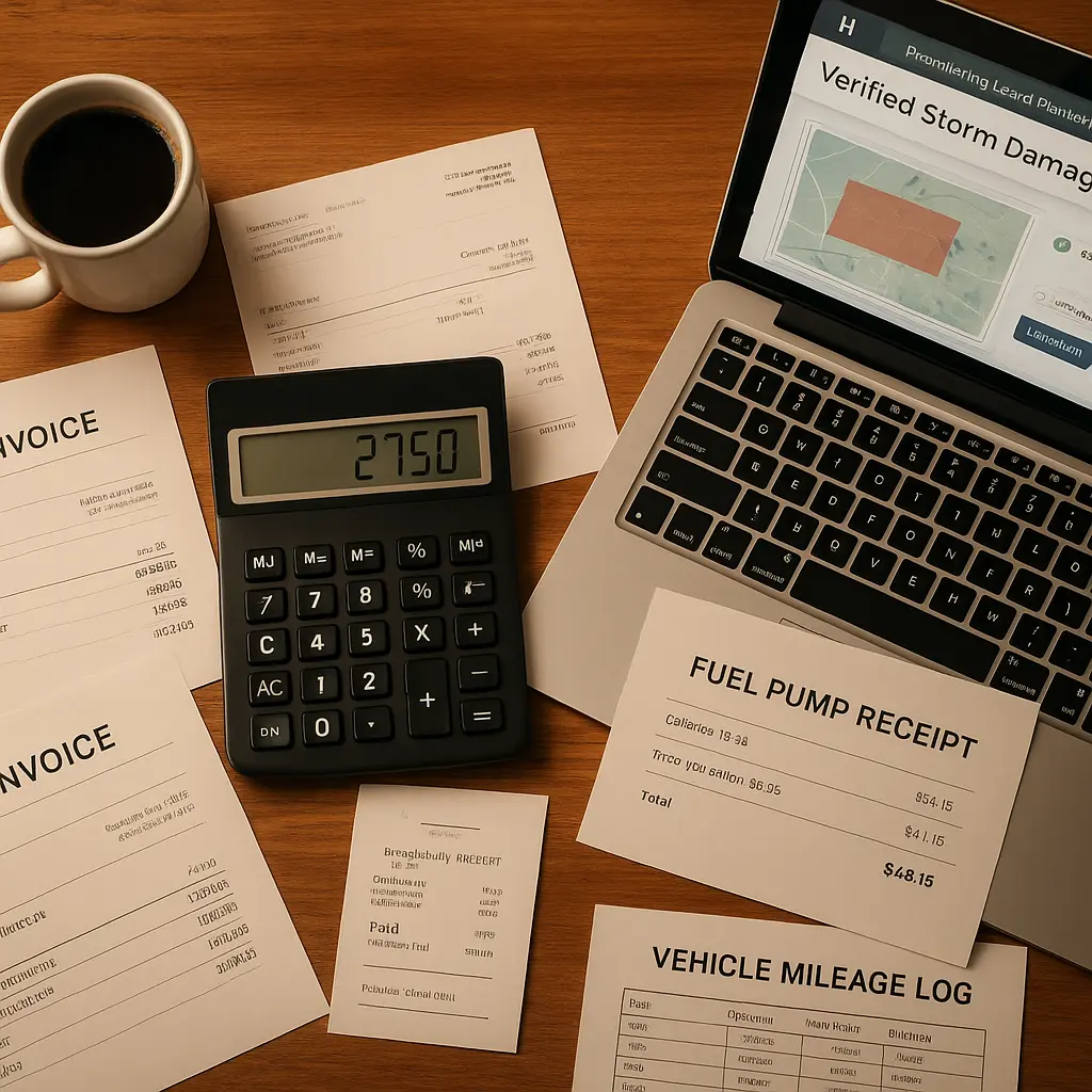 Calculator, fuel pump receipt, vehicle mileage log, and a laptop showing a verified storm damage lead platform — the real cost stack of door knocking versus modern lead platforms