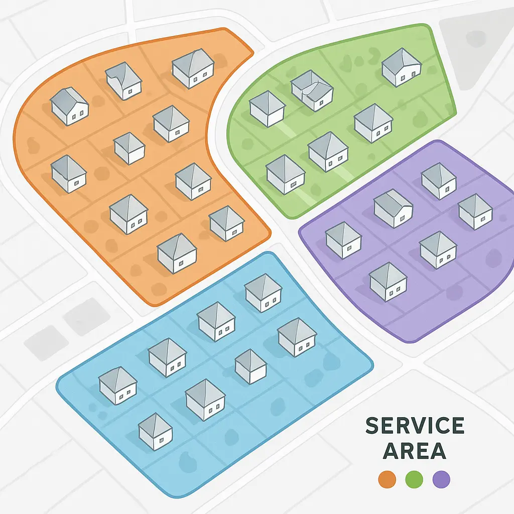 Illustration of four color-coded service area territories on a city map, each containing groups of houses — one roofer per zone